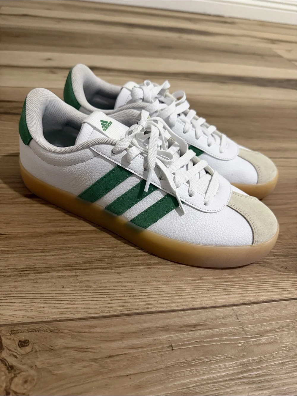 adidas Kids White Sneakers with Green Stripes and Gum Sole